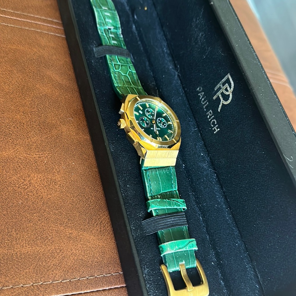Paul Rich Gold and Green Leather Strap Watch
